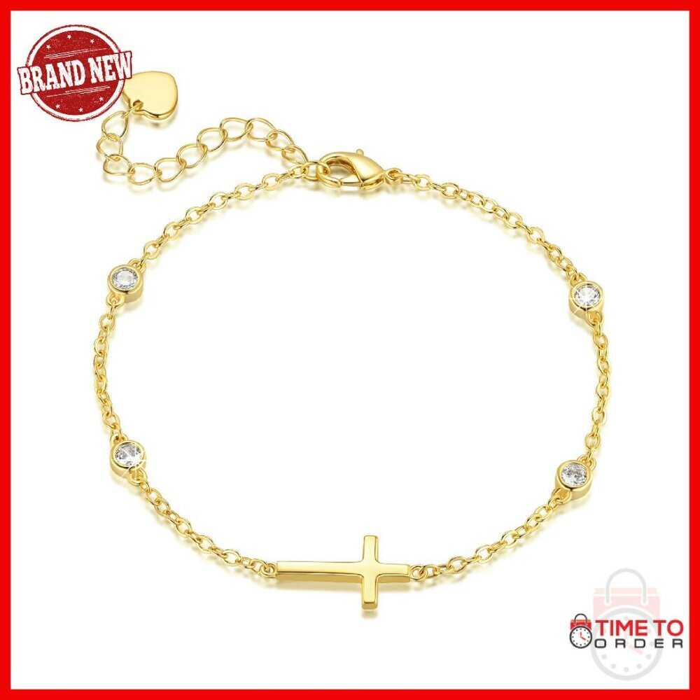 14K Gold Plated Cross Bracelet with CZ Stones Adjustable 7-8.6"